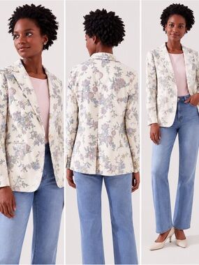 LOFT Floral Botanical Blazer Ivory Linen Look Tailored Jacket [Sz4]